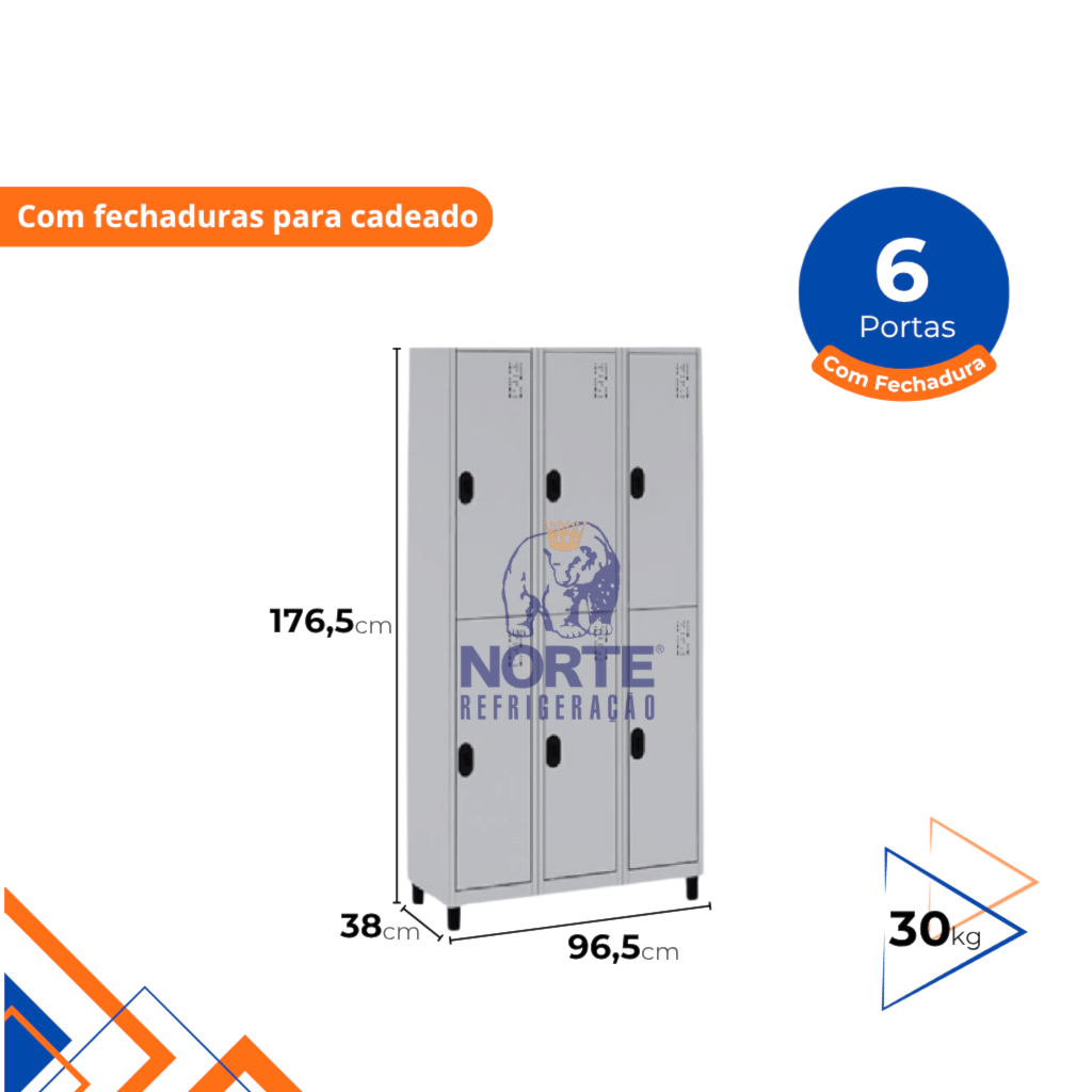 Armário Roupeiro de Aço 6 Portas para Cadeado W3 176x96x35CM POPW3