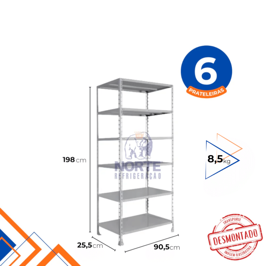 Estante Epóxi 6 Prateleiras Até 15Kg W3 198x90x25CM POPDS250